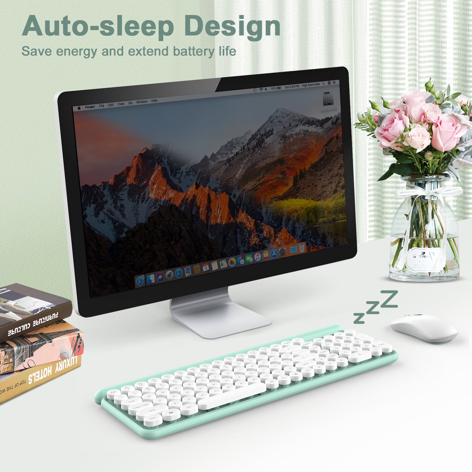 Wireless Keyboard and Mouse Combo, RaceGT 2.4G USB Typewriter Keyboard, Silent Mouse, Quiet Cordless Cute Retro Round Keycaps Keyboard Mouse Set, for Mac Windows PC Laptop, LT400-Green