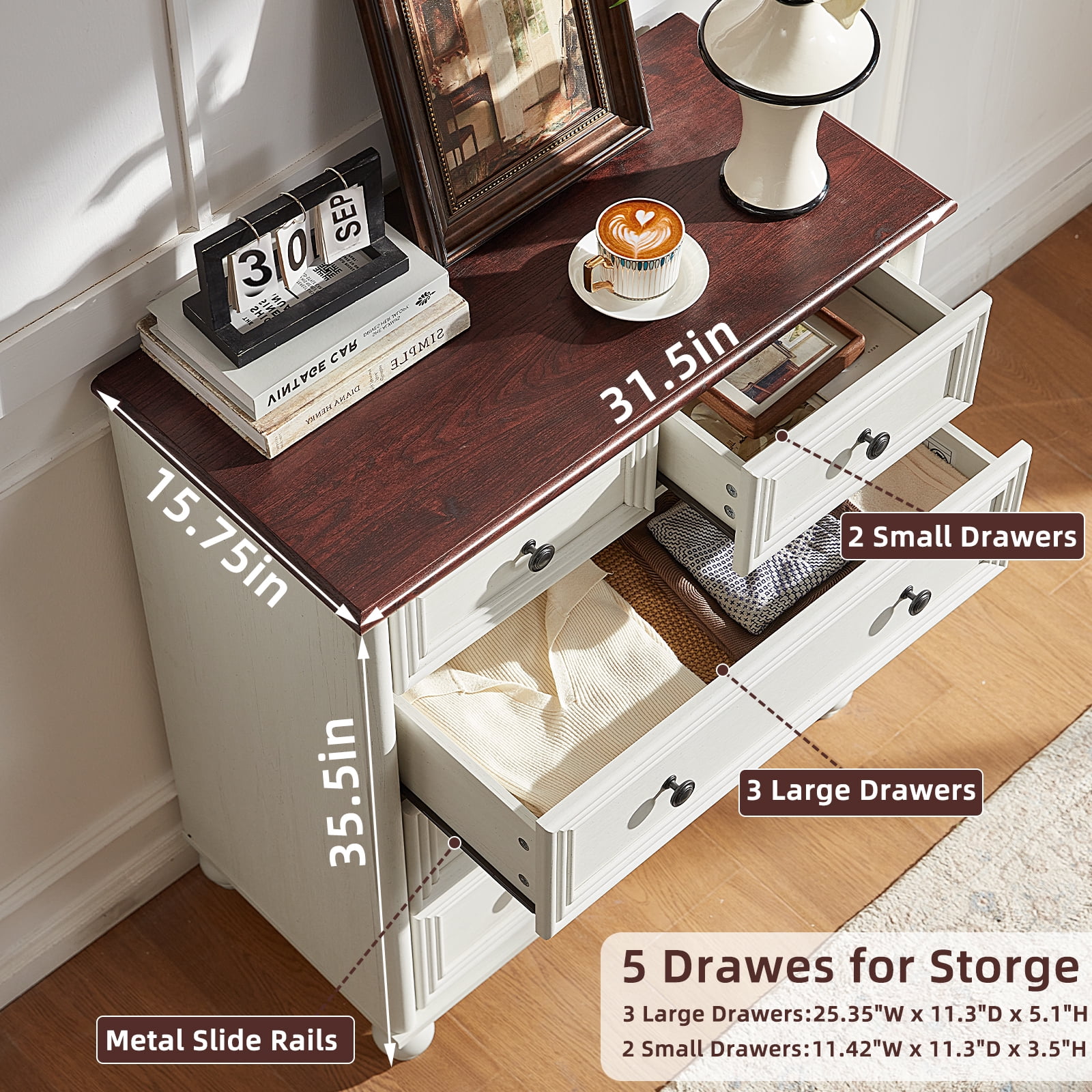 LELELINKY 5-Drawer Wood Dresser for Bedroom, Large Storage Cabinet, Classified Storage Organizer Chest for Living Room, Hallway, Brown & White