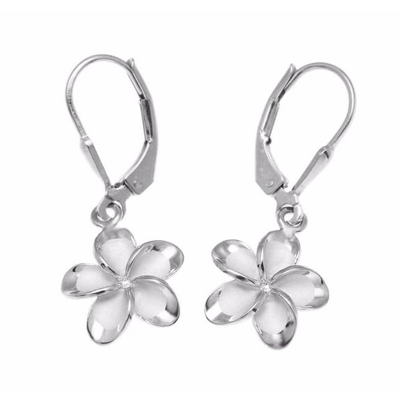 925 sterling silver rhodium plated Hawaiian plumeria flower no cz stone leverback earrings 12mm