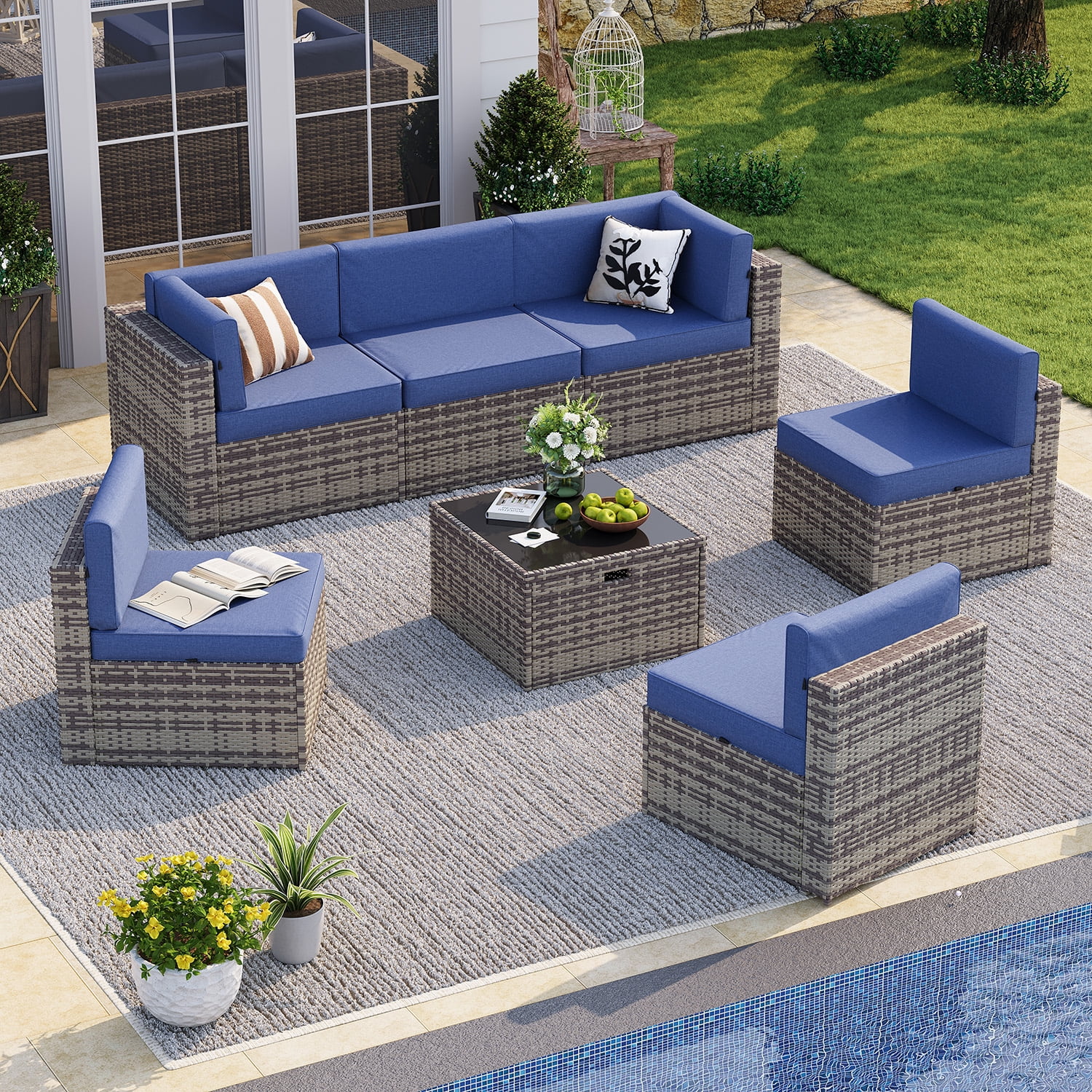 BaPiPro 7‑Piece Modular Outdoor Patio Furniture Set, Gray Wicker Sectional Sofa with Thickened Navy Blue Cushions & Coffee Table, All‑Weather for Backyard, Porch, Deck & Balcony