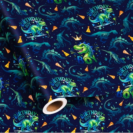 Vnaaem Dinosaur Birthday PriNst Wrapping Paper Roll for Boys Girls Kids - Green Dinosaur Gift Wrap for Baby Shower Holiday Dinosaur Party Favor - 17 in x 20 ft(Total 28.5sq.ft)