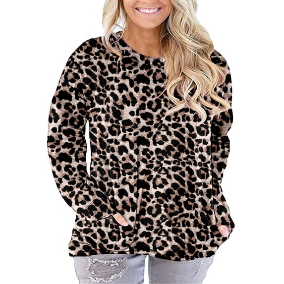 PYGFEMR Women Plus Size Casual Round Neck Long Sleeve Fit Tunic Top Baggy Comfy Blouse with Pockets