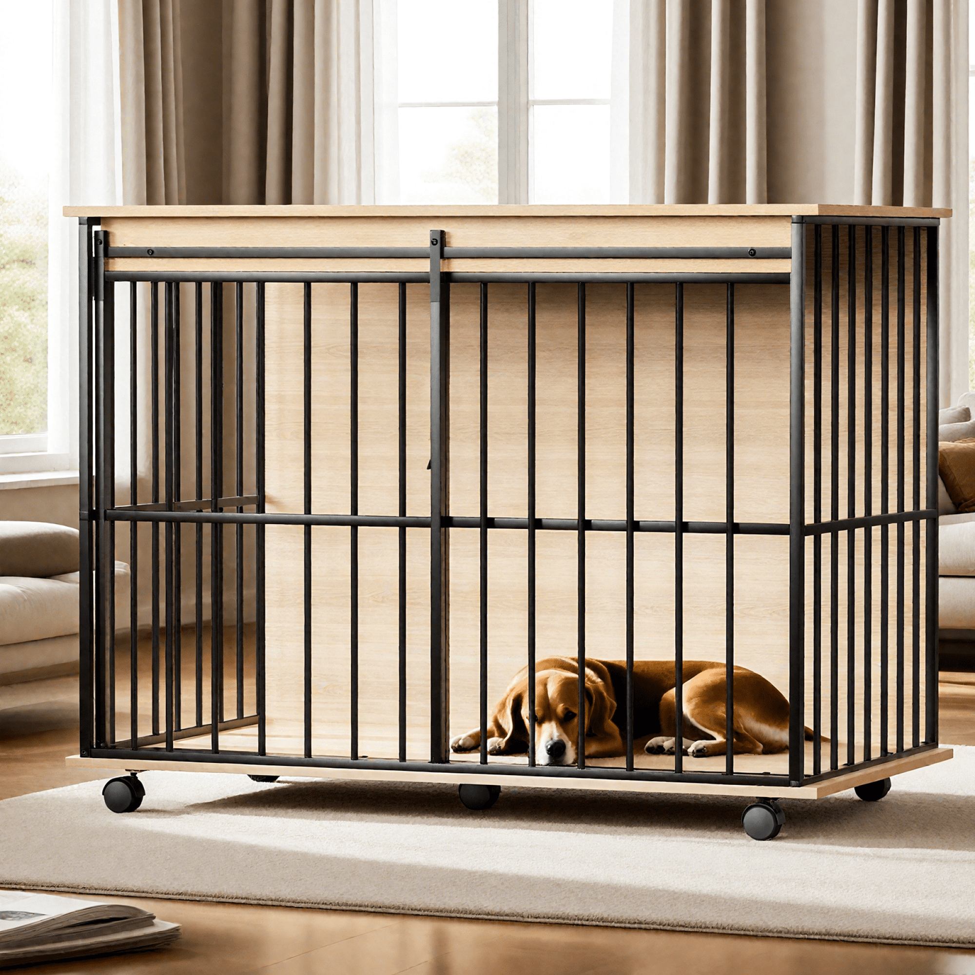 Leumius Dog Crate Furniture,Large-sized Dog Crate Wooden Dog Kennel Furniture for Medium to Large Dogs Black+Natural
