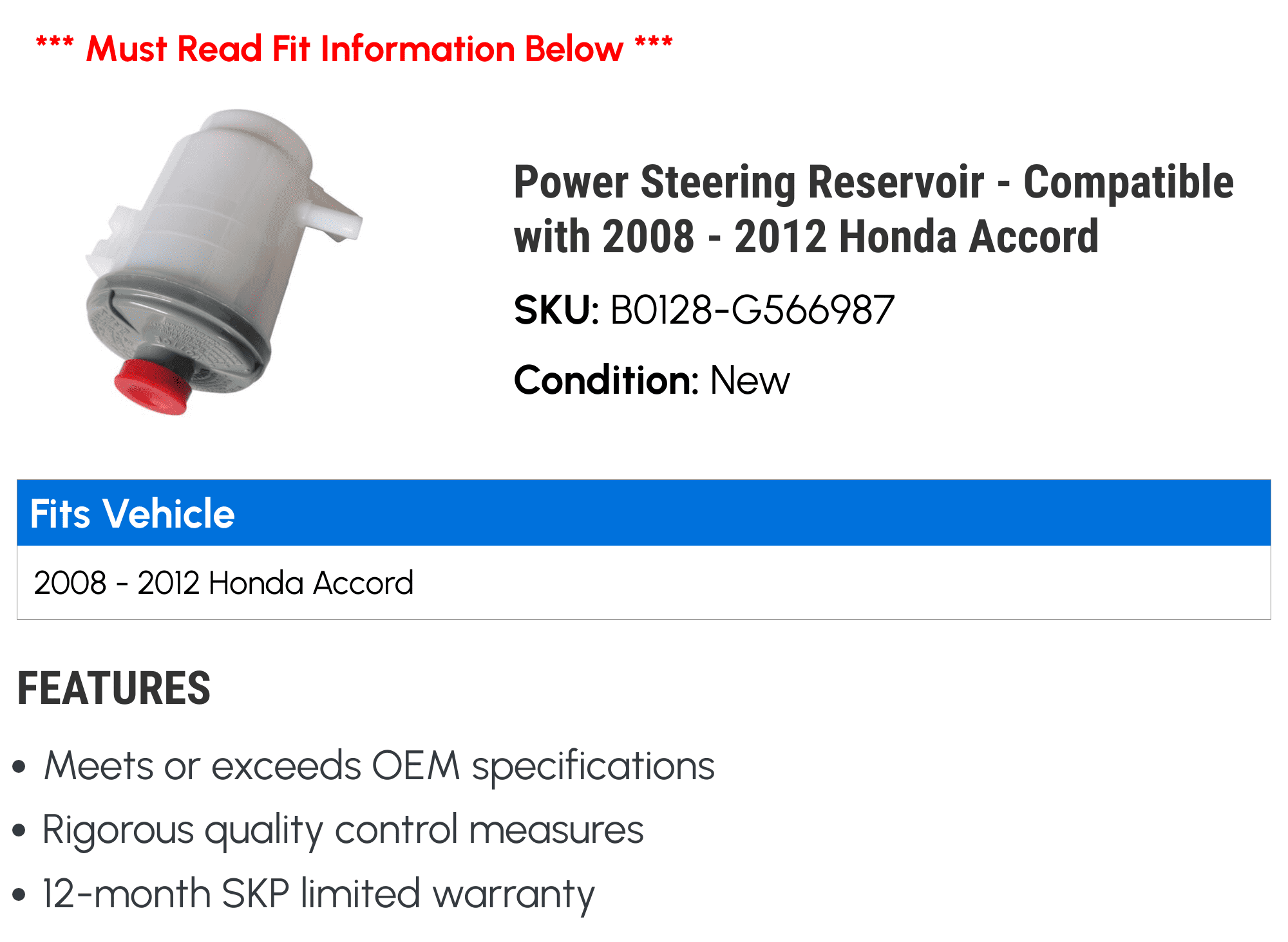 Power Steering Reservoir - Compatible with 2008 - 2012 Honda Accord 2009 2010 2011