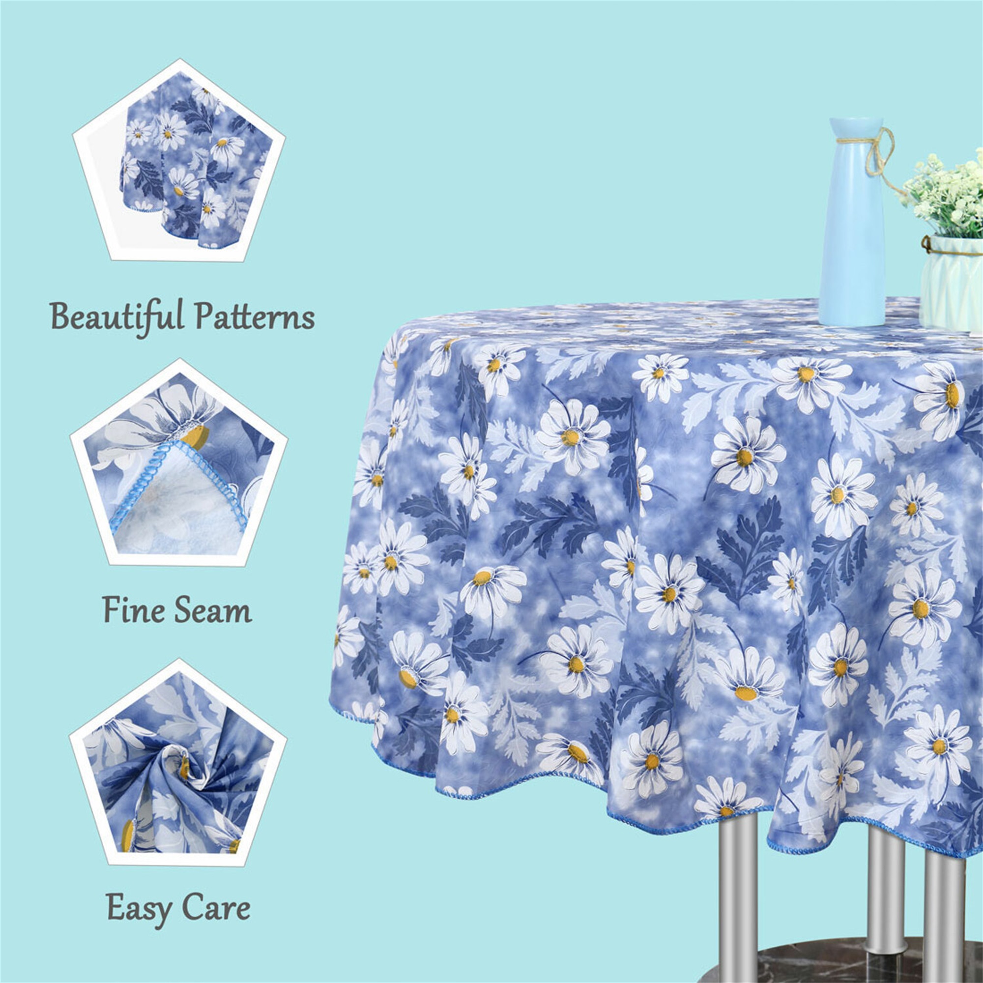 Unique Bargains Floral Decoration Round Vinyl Waterproof Tablecloth Blue 60" Dia