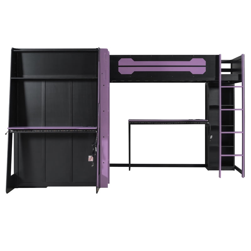 Twin Size L-Shaped Gaming Loft Bed with RGB LED Lights, Dual Twin Beds, USB Charging Ports & TV Stand, Wood Loft Bedframe Playhouse Bed with Storage Shelves & Reversible Layout