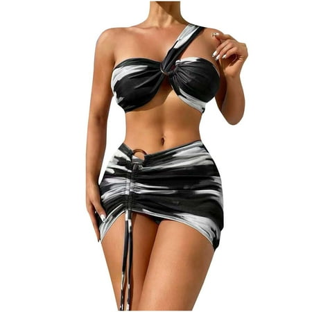 Bigersell 3 Piece Swimsuits for Women Tie Dyed One Shoulder Bikini Sets with Beach Cover up Skirt for Vacation Cheeky Swimsuits Beach Swimwear Black L