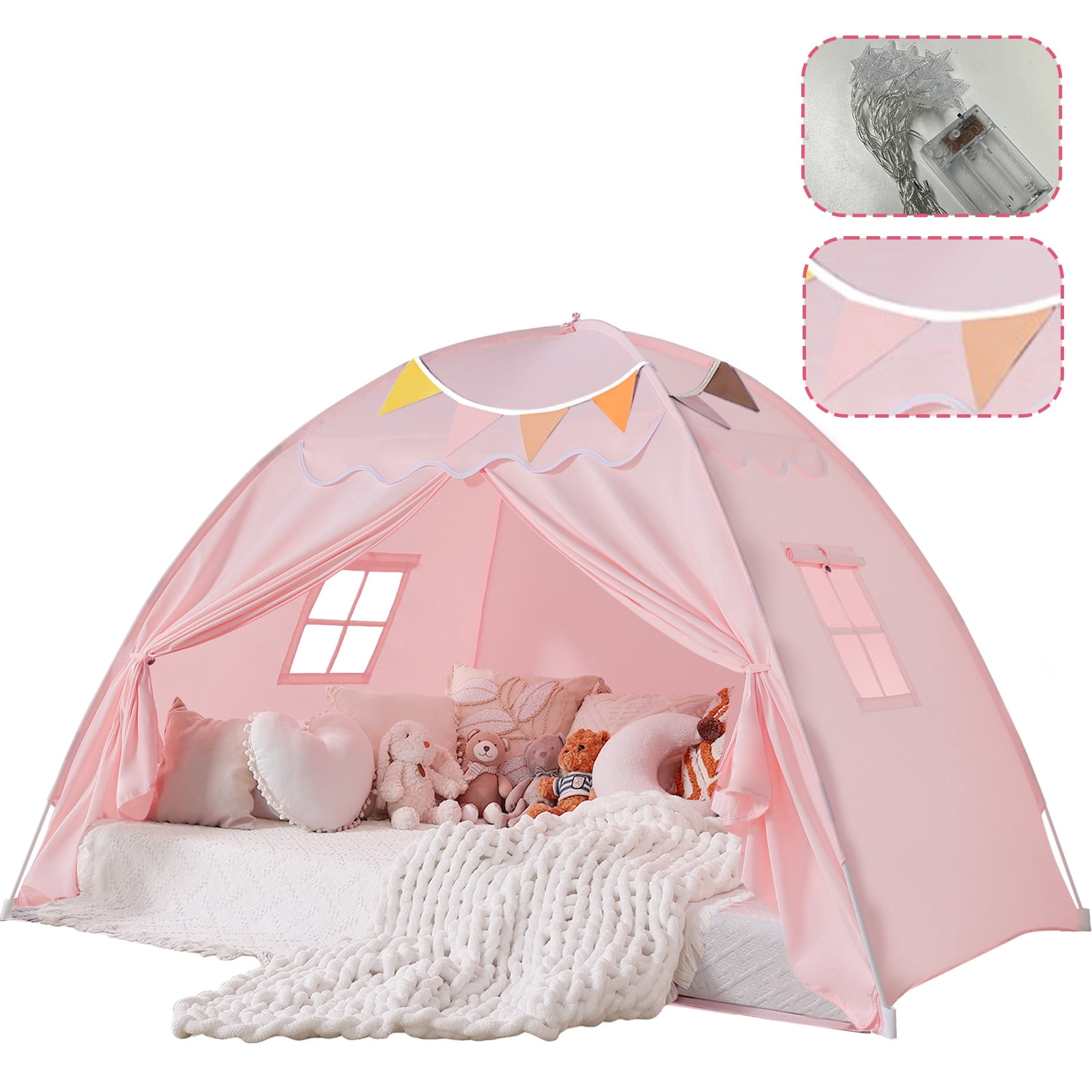 SweHouse Toddler Bed Canopy Lights & Flags Sleeping Playhouse Tent, Portable Indoor Privacy Play Space. Foldable Drafty Room Tent for Boys & Girls, Kids Birthday Gifts Golden Beige Large Size (Pink)