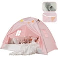 thumbnail image 3 of SweHouse Toddler Bed Canopy Lights & Flags Sleeping Playhouse Tent, Portable Indoor Privacy Play Space. Foldable Drafty Room Tent for Boys & Girls, Kids Birthday Gifts Golden Beige Large Size (Pink), 3 of 9