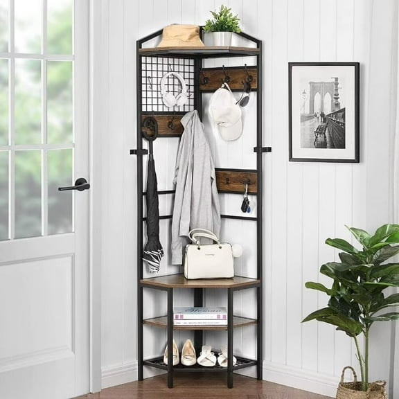 AFANQI Freestanding Entryway Coat Storage Rack, Vintage Corner Coat Rack with Hooks and Wooden Storage Racks