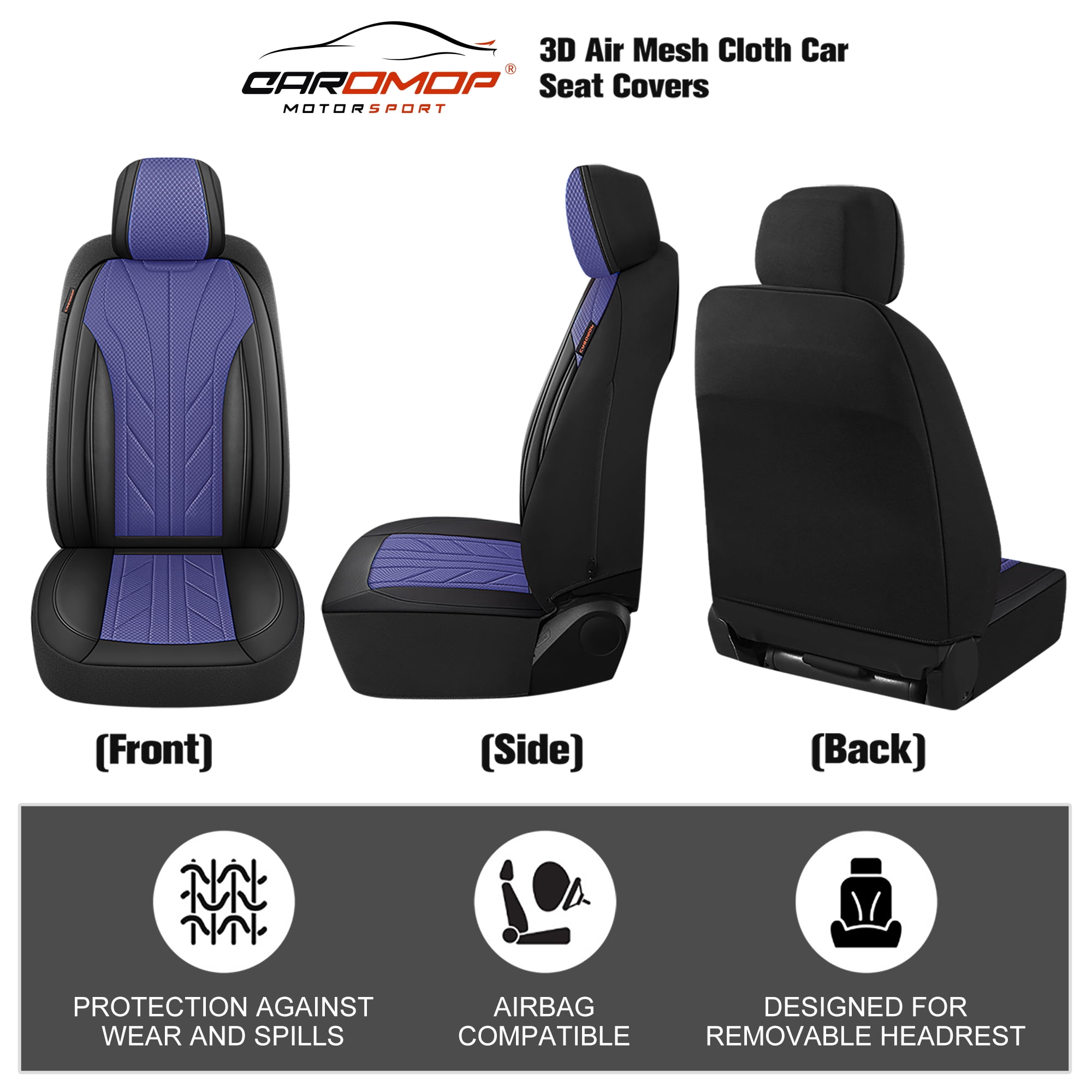Caromop Blue, Luxury Faux Leather & Fabric, Breathable 3D Foam, Armrest Covers,Airbag compatible,Full Seat Covers