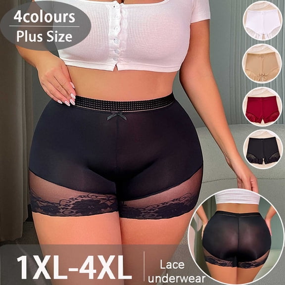 PNTUTB Plus Size Underwear for Women High-Waisted Full Coverage Panties Solid Color Ice Silk Sheer Lace Trim Comfortable Secure Boxer Briefs