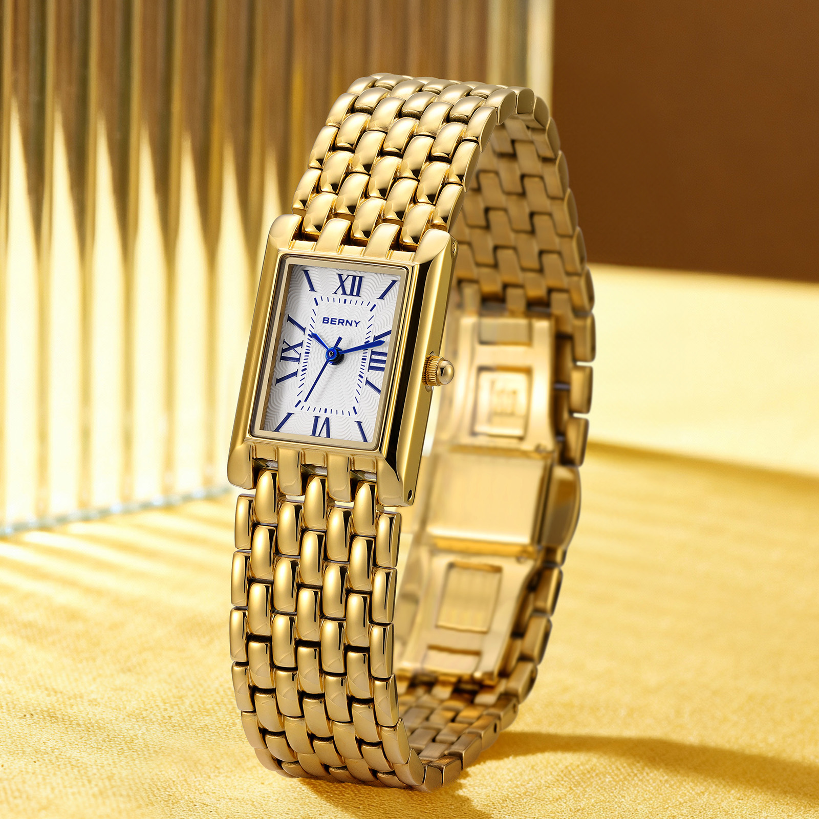 BERNY Small Gold Watches for Women, Luxury Vintage Rectangular Case Roman Dial, Dainty Stainless Steel Bracelet Watch, Adjustment Tool Included, Waterproof, Womens Gold Watch Gifts (White)