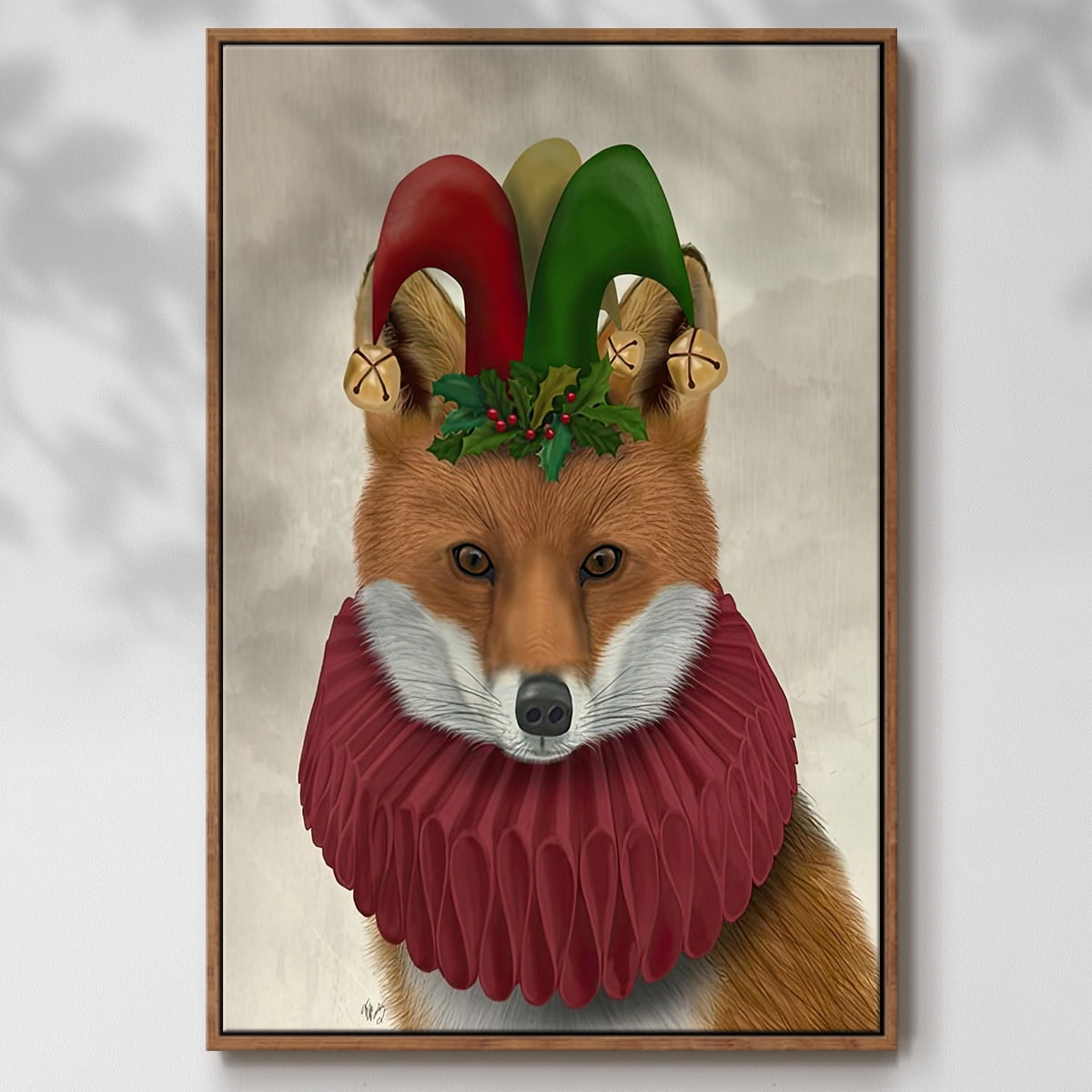 Christmas Foxy Christmas Fool - Framed Gallery Wrapped Holiday Canvas - 27 x 41 - Rosewood Frame