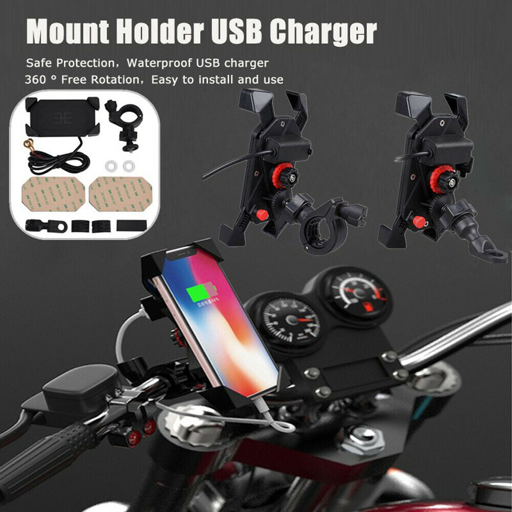Aluminum Motorcycle Bike ATV Cell Phone GPS Handlebar Mount Holder w/USB Charger 