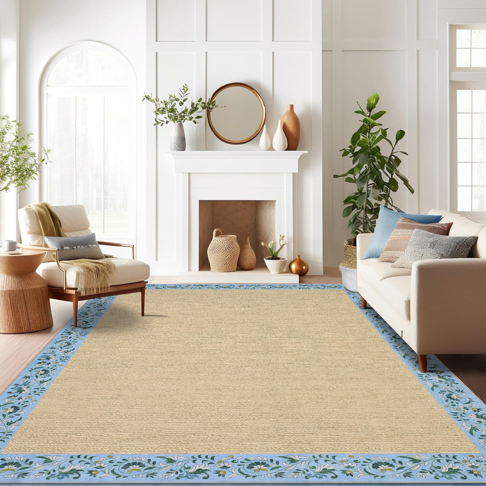 Hasoo Large Washable Rug 9' x 12' Area Rug for Living Room Modern Simulated Woven Texture Floral Bordered Non-Slip Neutral Indoor Decor Carpet, Light Blue