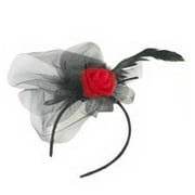 Black Laced Feather Headband With Red Rose