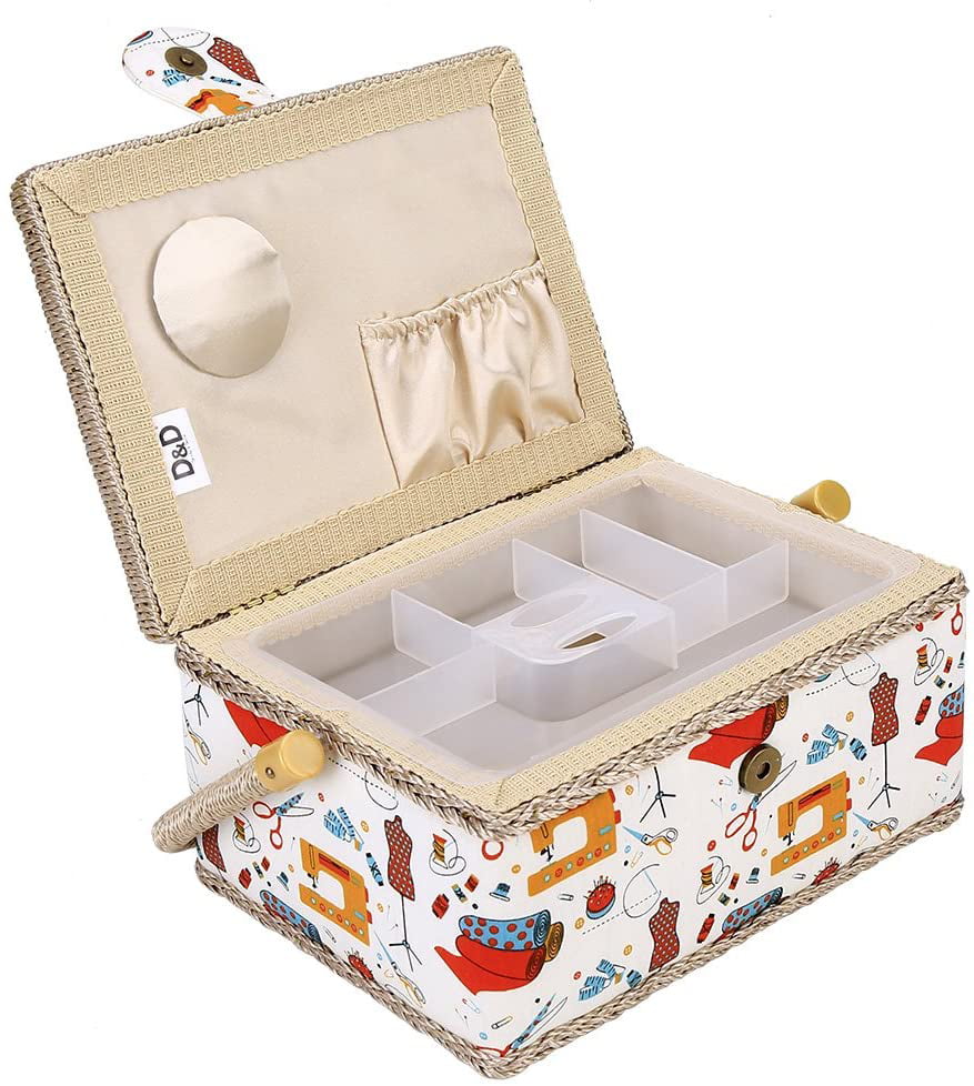 Sewing Basket Thread Needle Kit Storage Box Organizer with Pin Cushion Interior Pocket,Removable PP Tray,for DIY Handmade 