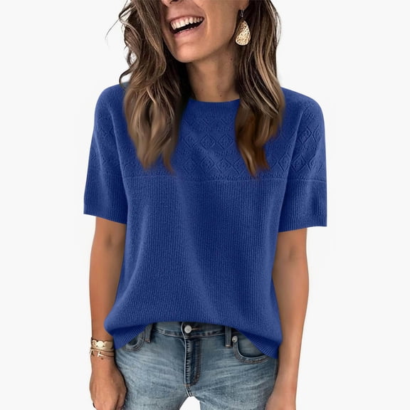 Short Sleeve Sweater for Women Light-Weight Crew Neck Summer Thin Tops Trendy Ribbed Knit Dressy Tops Clothes
