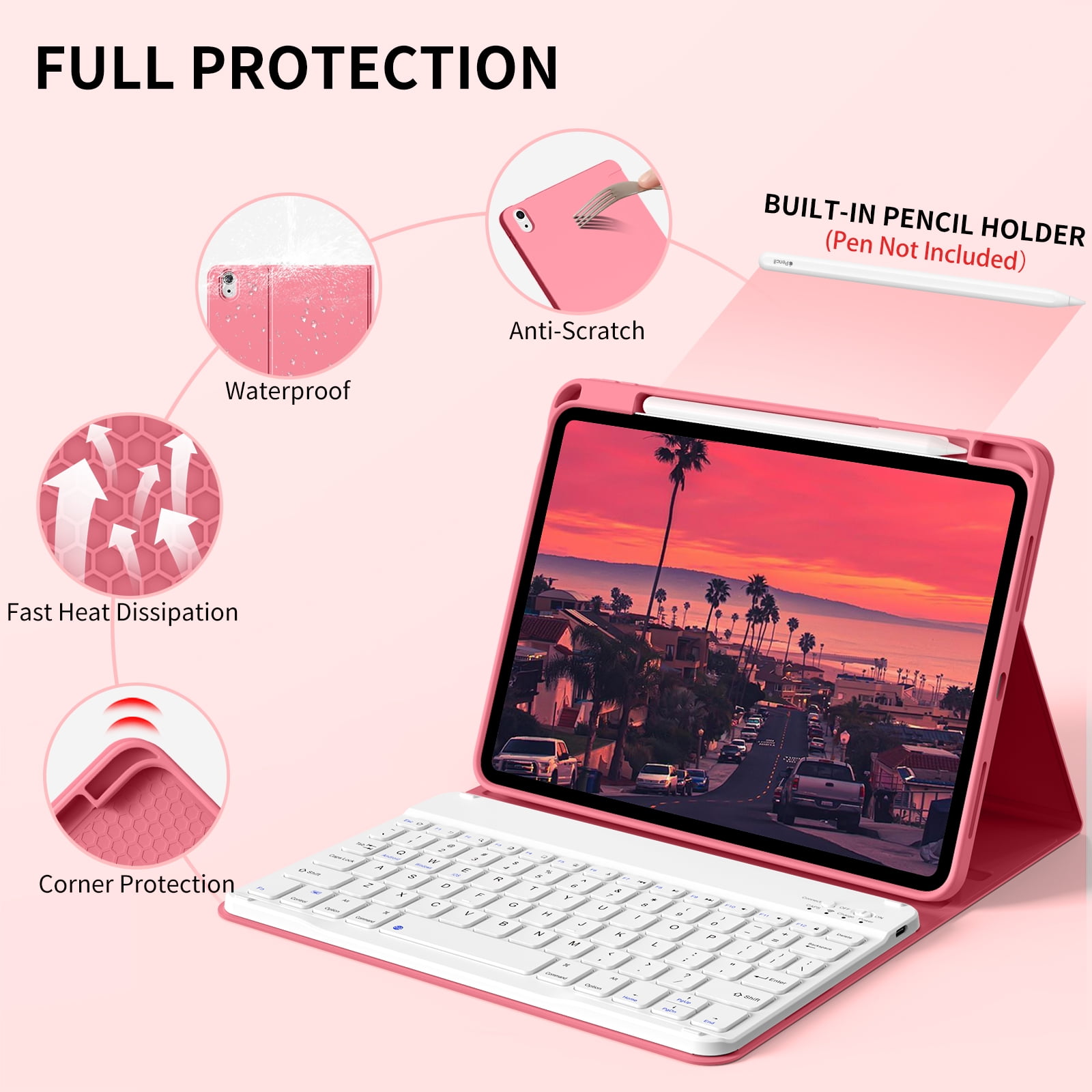 Kenke Case for iPad (A16) 11th Generation 11 inch 2025 with Keyboard,iPad 10th Generation 10.9 inch 2022 Detachable Bluetooth Keyboard Rechargeable,with Pencil Holder,Soft TPU Back Cover,Pink Red