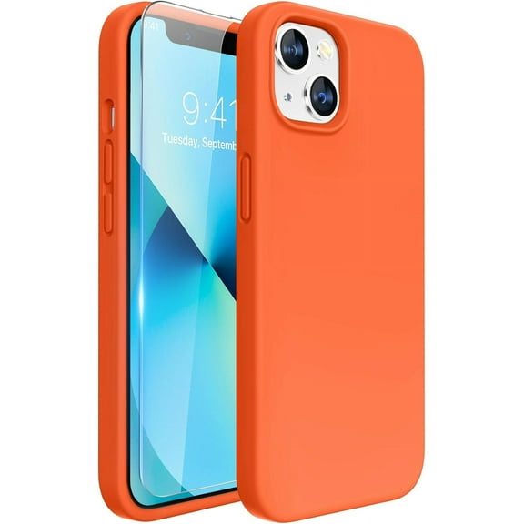Designed for iPhone 13 Case with Screen Protector, [Soft Anti-Scratch Microfiber Lining], Shockproof Liquid Silicone Rubber Phone Case Cover for 13 6.1 inch(Orange)