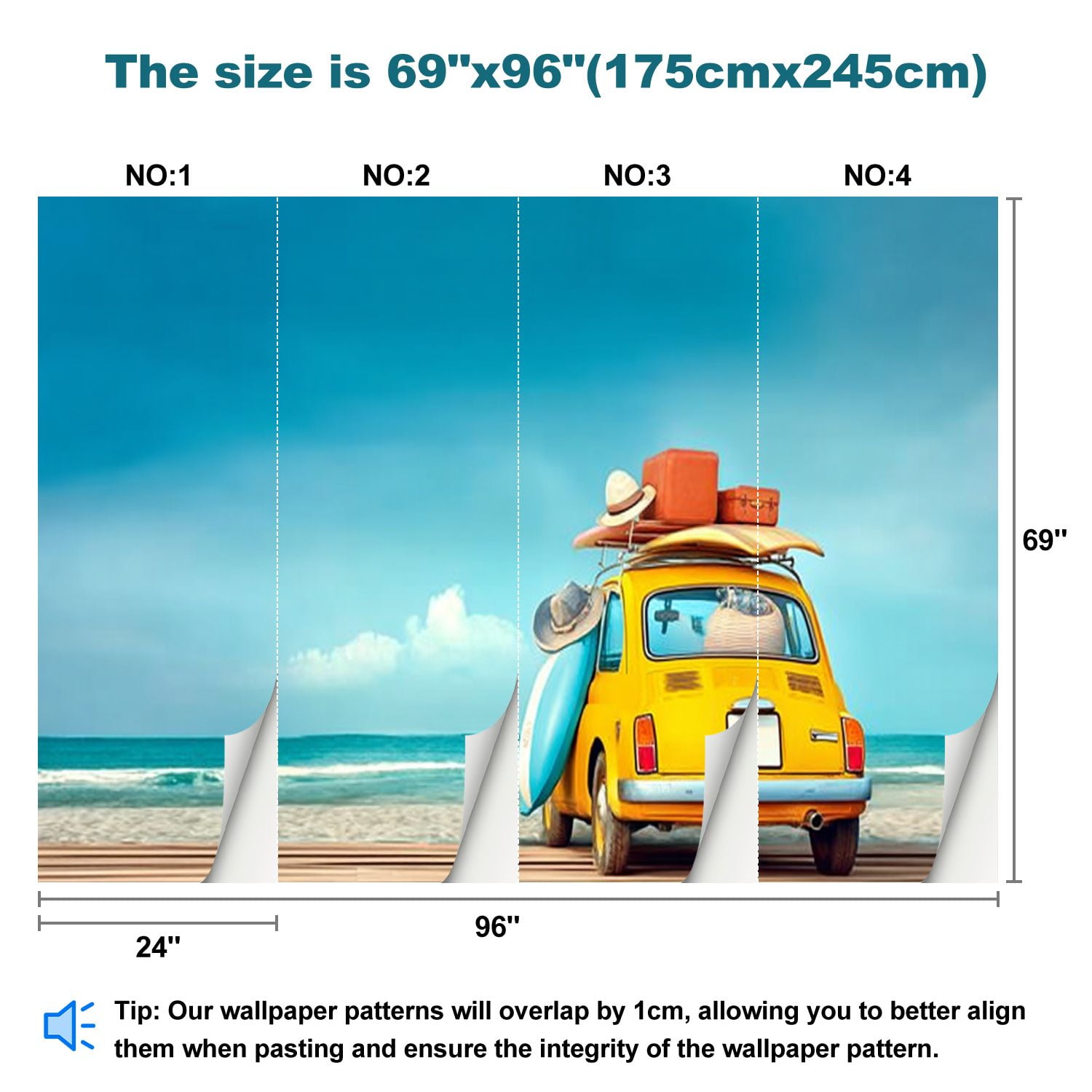 Peel and Stick Wallpaper Small retro car baggage luggage beach equipment roof fully packed Modern Art Wall Mural Decor Self Adhesive and Removable 69in x 98in