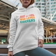 thumbnail image 2 of Just a Girl Who Loves Chickens, Chicken Lover Girls or Women Quote, Groovy Retro Wavy Text Merch Gift, White Hooded Sweatshirt or Hoodie, 3XL, 2 of 5
