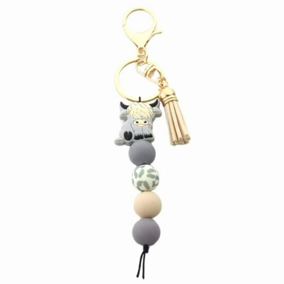 Highland Cow Pendant Keychain Soft Silicone Beaded Keyring with Colorful Tassels Key Rings Accessories for Women Men