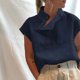 thumbnail image 1 of Blusa de algodón para mujer, cuello alto, abotonado lateral, manga corta, tallas grandes, moda infor Abanopi Aqua/Extragrande, 1 of 7