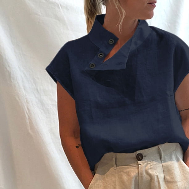 Blusa de algodón para mujer, cuello alto, abotonado lateral, manga corta, tallas grandes, moda infor Abanopi Aqua/Extragrande