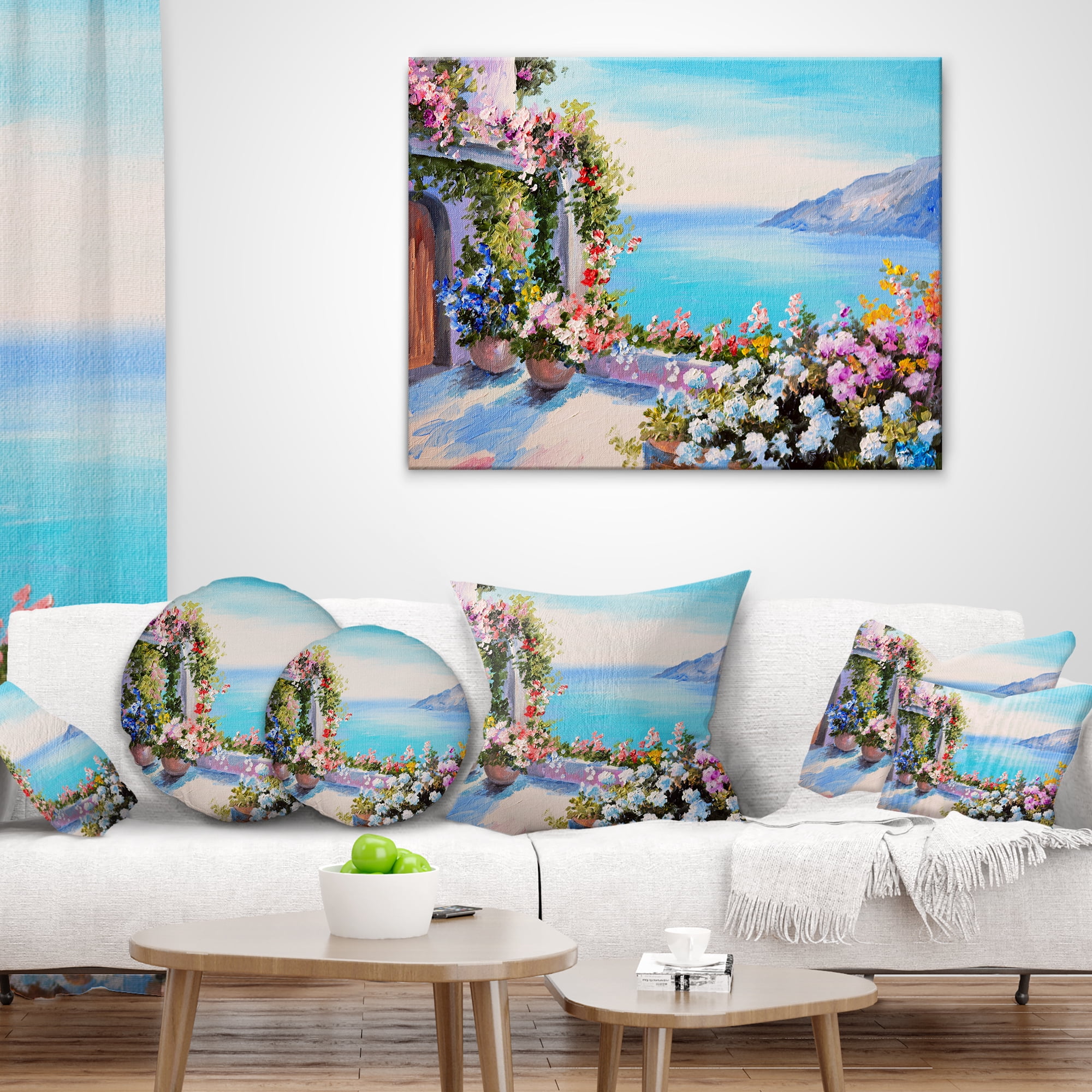 Designart Sea and Flowers - Landscape Printed Throw Pillow - 16x16