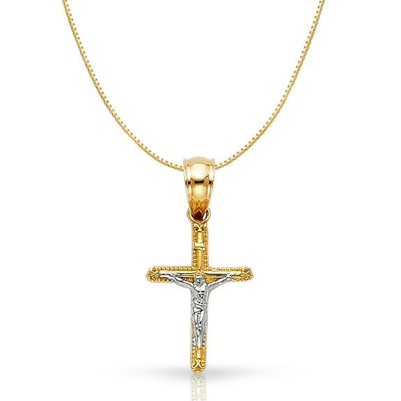 14K Two Tone Gold Jesus Crucifix Cross Religious Charm Pendant with 0.5mm Box Chain Necklace - 16"