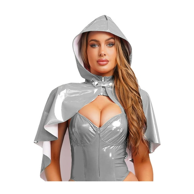 Eandarui Cape à Capuche pour Femmes avec Fermeture à Bouton avant pour Rave et Fête Argent Taille Unique