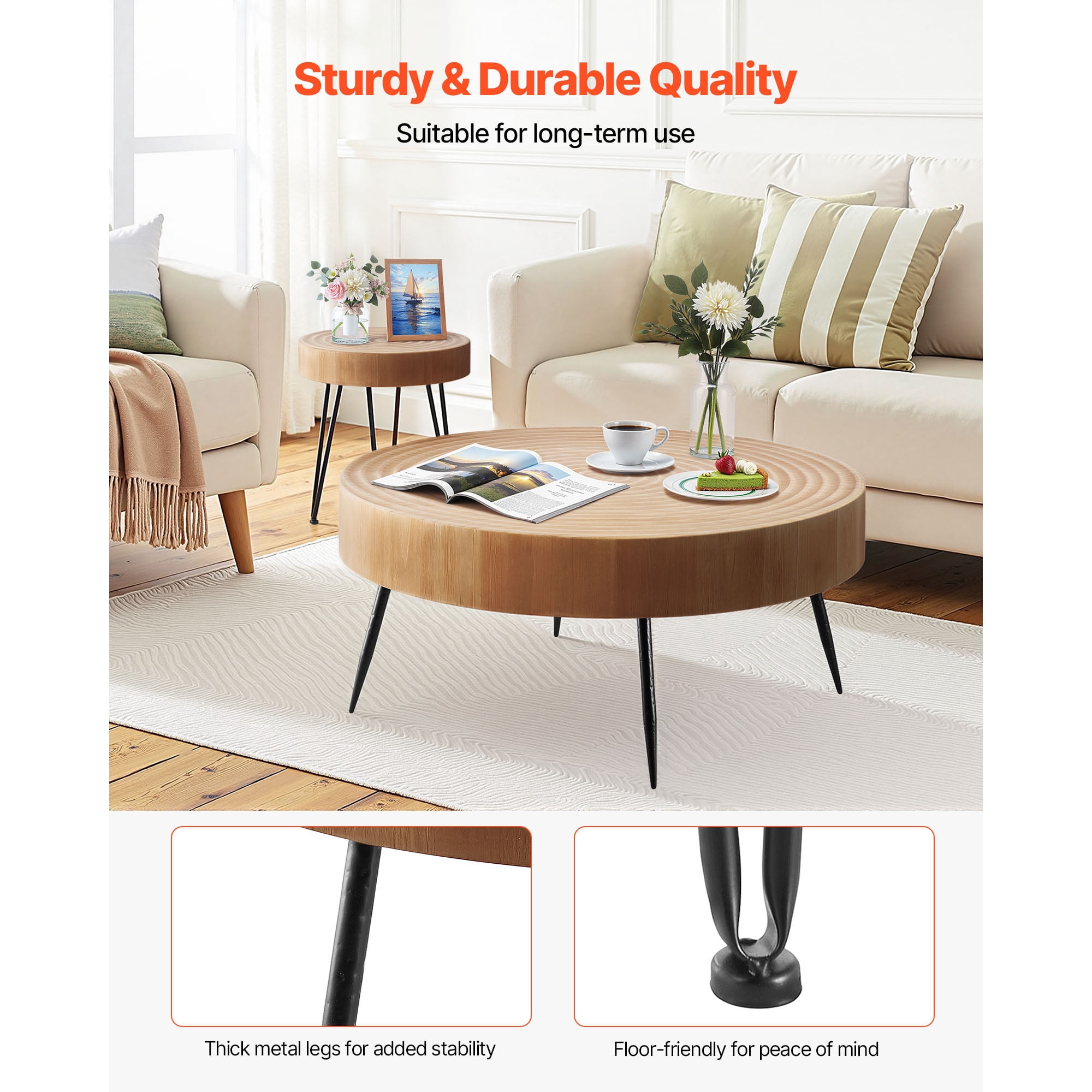 KFFKFF 2-Piece Round Coffee Table Set, 31.3-Inch Industrial Style with Side Table, Easy-to-Assemble Tables with Metal Legs for Living Room, Office, or Apartment