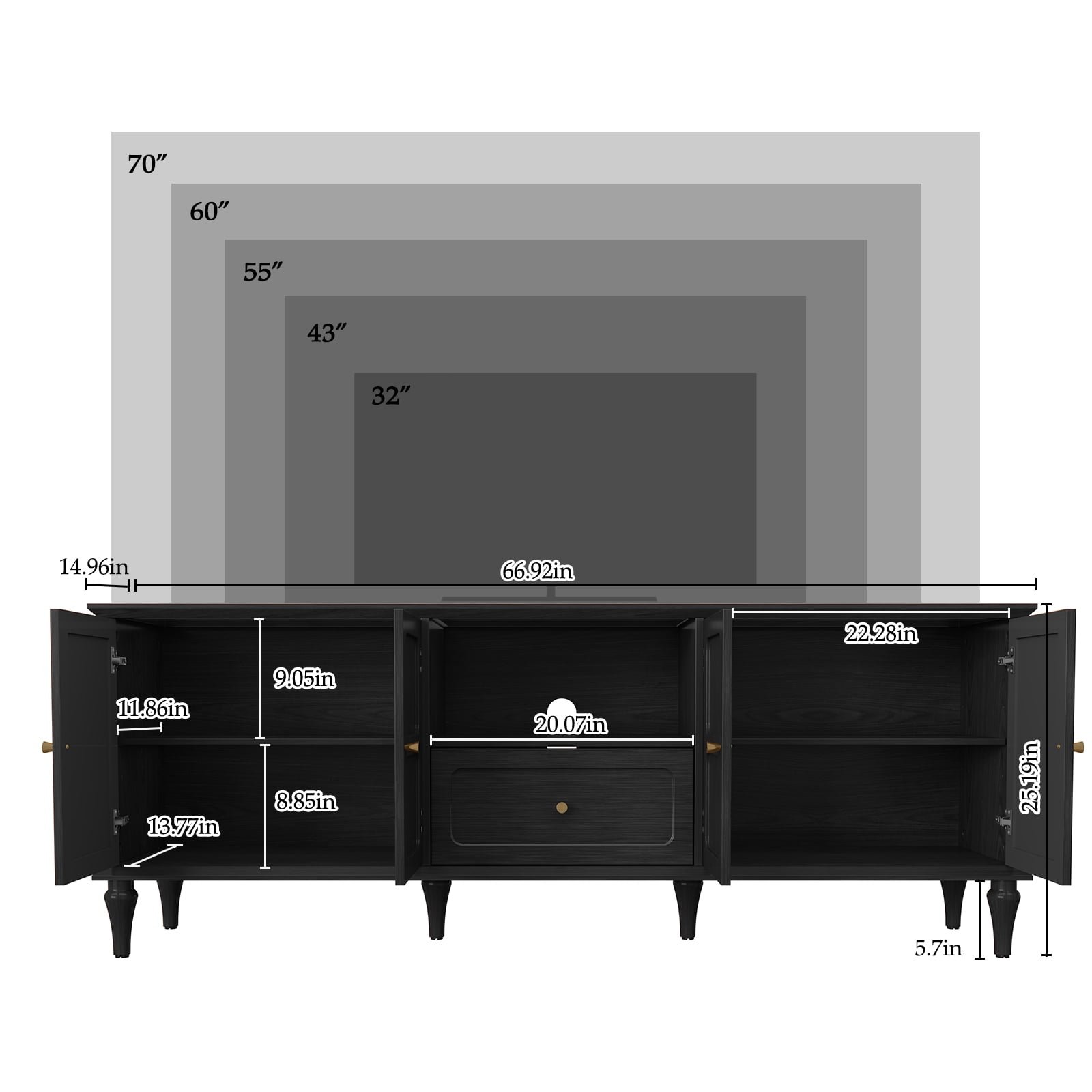 HLR Mid Century 67" TV Stand, for TVs up to 75", Living Room Entertainment Center with 4 Door Storage Cabinet, Black