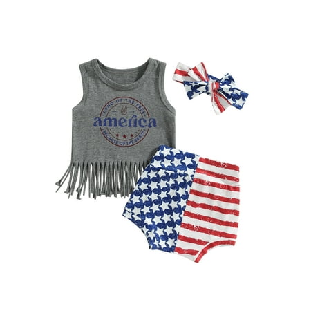 

Qtinghua Baby Girl 4th of July Outfit Letter T-Shirt Tank Tops+American Flag Shorts+Headband Independence Day Clothes Dark Gray 18-24 Months