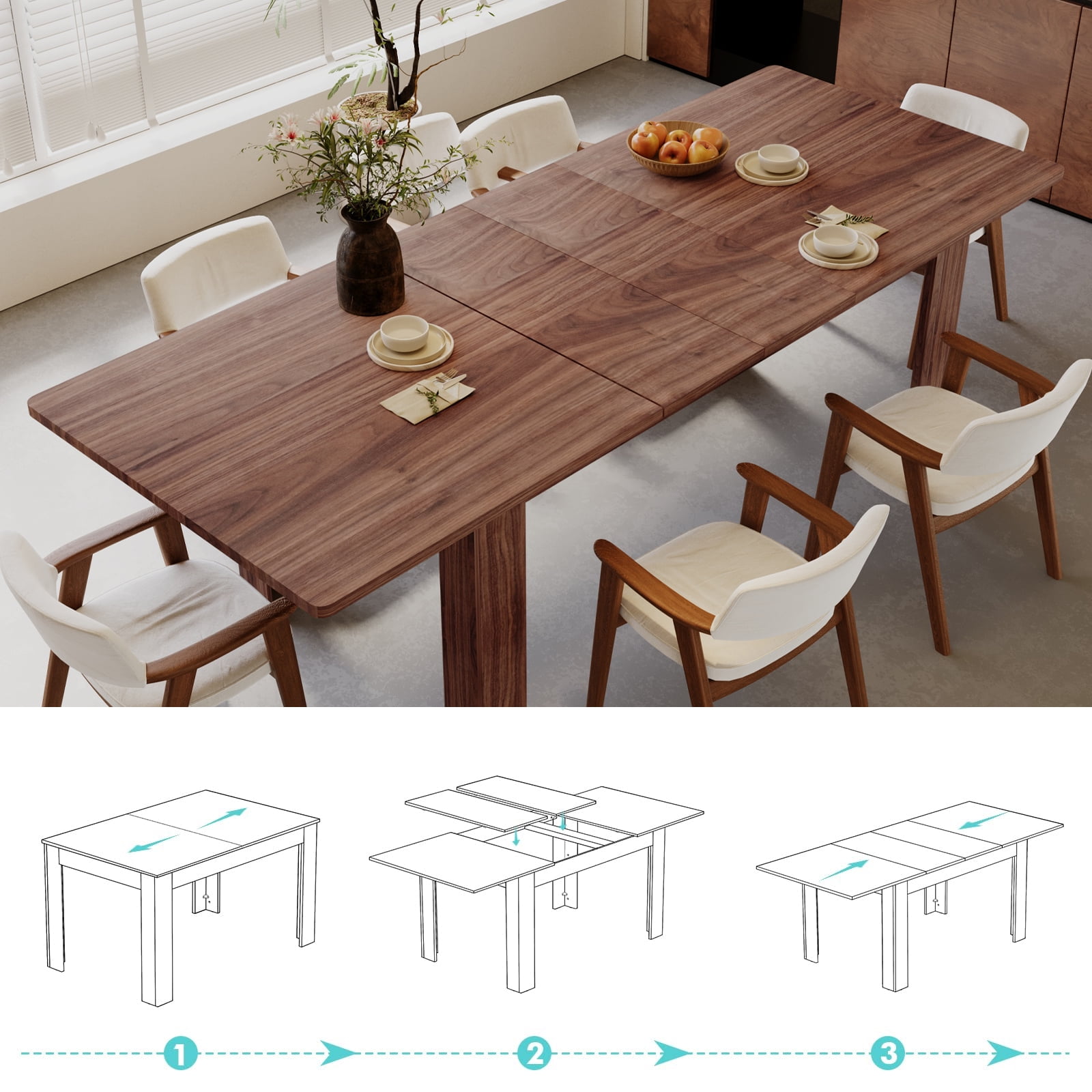 JassmiPkwy Solid Wood Extendable Dining Table for 4-8 People with Seamless Extension from 55 to 86.6 Inches for Small Spaces, Dining Room, Kitchen, Living Room-Brown