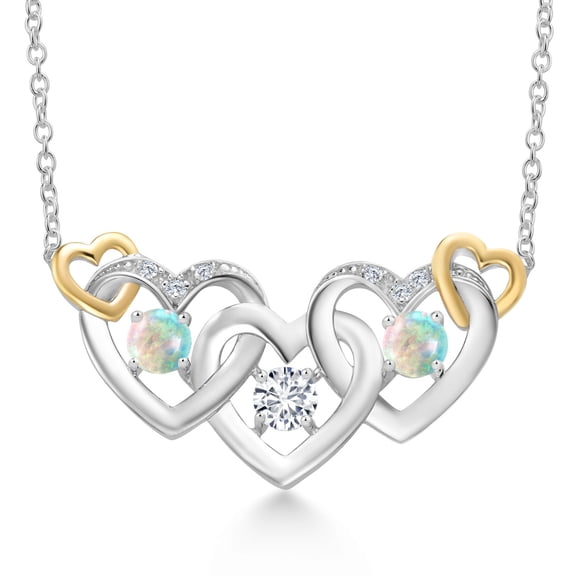 Gem Stone King 925 Silver and 10K Yellow Gold White Lab Grown Diamond and White Opal Heart Shape Pendant Necklace for Women (0.83 Cttw, with 18 inch Chain)