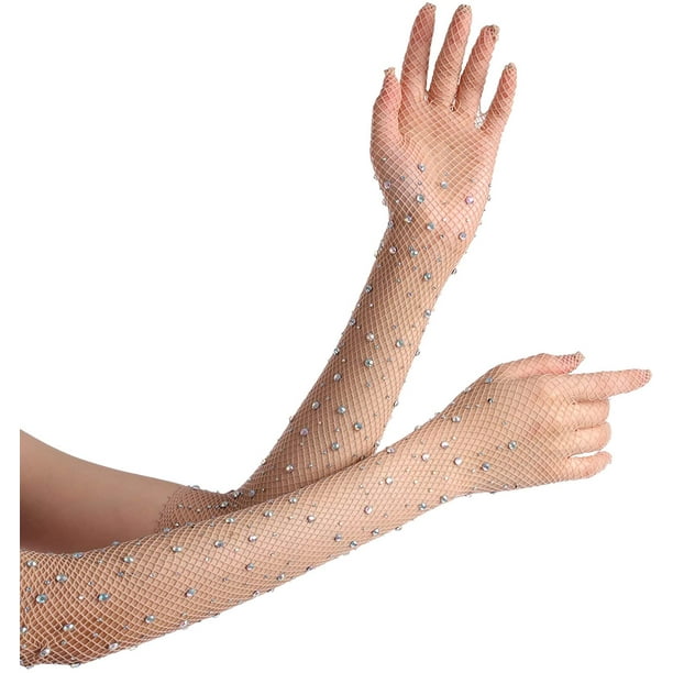 Women Fishnet Long Gloves With Rhinestone Mesh Arm Sleeve Sparkly Glitter  Fashion Opera Gloves 80s 1920s Accessories,Nude