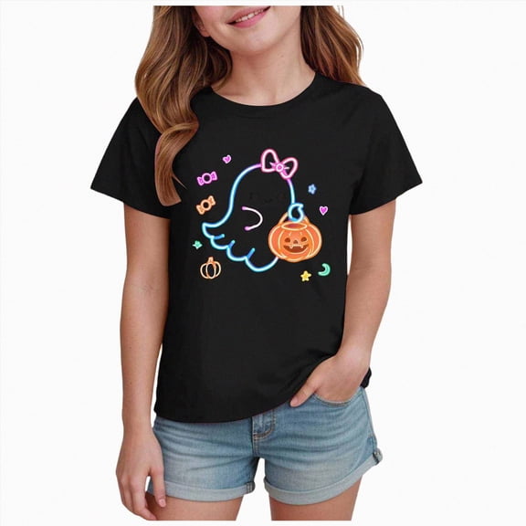 KPOPLK Kids Halloween T-Shirt Toddler Girls Cute Fall Pumpkin Ghost Print Tee Short Sleeve Shirt Size 13-14 Years,Black