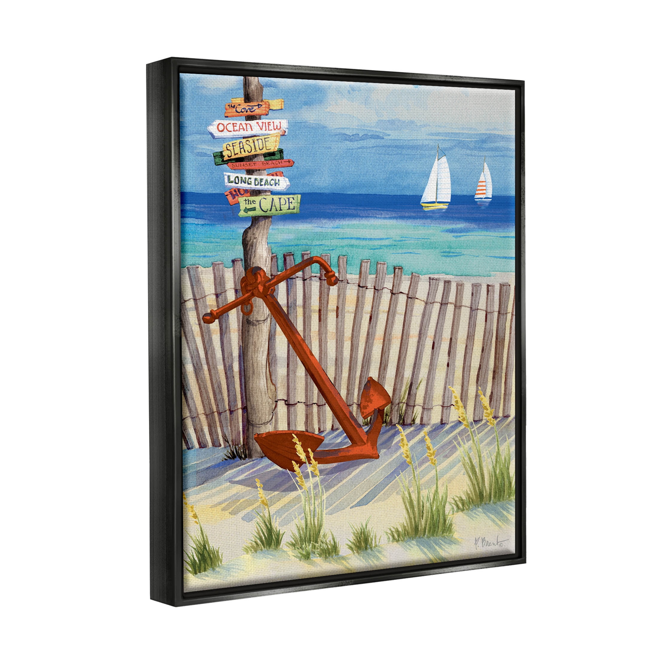 Anchor Leaning Beach Directions Sign Coastal Painting Jet Black Framed Art Print Wall Art