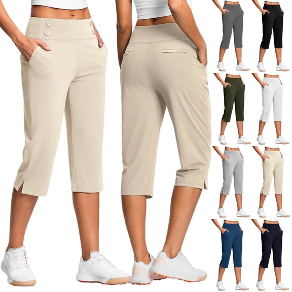 Gifts for Mom! QATAINLAV Capris for Women with Pockets Pull On Yoga Workout Golf Cropped Pants Stretchy Side Slits Business Casual Work Dress Pants Gray S