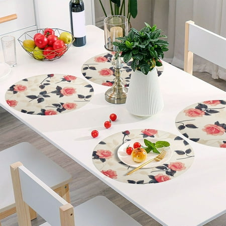 

Round Grid Placemat One Sizex1 Round Placemat PVC Plate Mat，15.4 Inch Non-Slip and Heat Resistant Table Placemat Dining Room Placemat Pretty Rose3