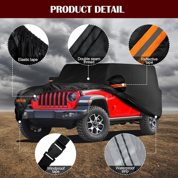 Heavy-Duty Waterproof Car Cover for Jeep Wrangler 4-Door 2006-2025 JK JL, Full Outdoor Protection with Driver Door Zipper, Value Pack, Keep Jeep Safe from Sun, Rain, Snow & Hail