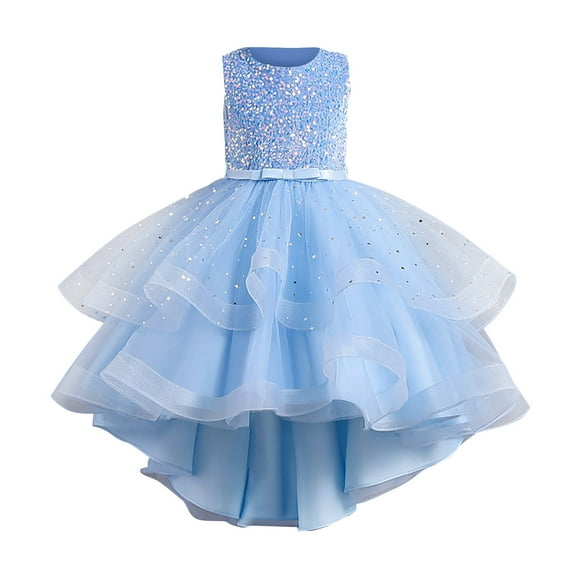 JAHH Pageant Dresses for Girls Sleeveless Sequins Puffy Yarn Trailing Princess Gowns Dress Piano Performance for Bowknot Flower Pageant Party Wedding(10-11 Years,Blue)