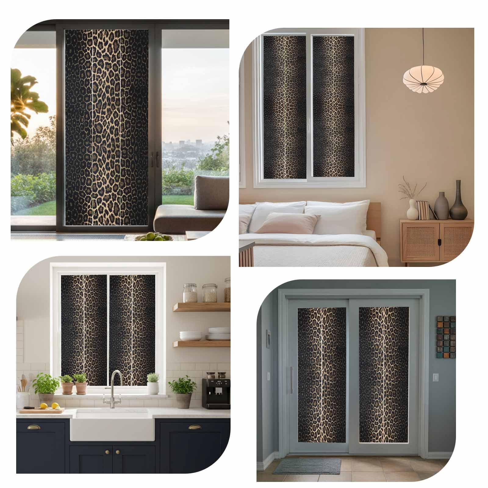 Leopard Print Window Privacy Film, Chic Abstract Black Brown Animals Texture Static Cling UV Sun Blocking Heat Control Window Tint, Non-Adhesive One Way Windows Privacy Cover 35.4''x78.7''