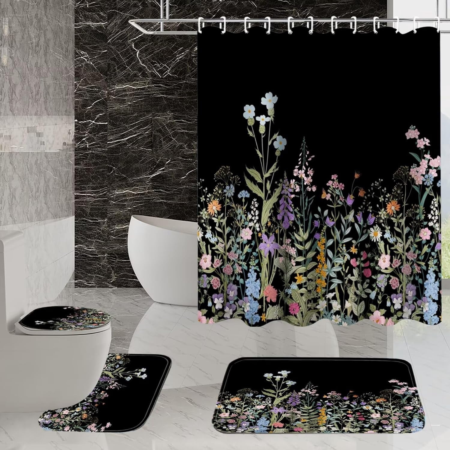 4 Pcs Floral Shower Curtain Set Black Shower Curtain and Rug Set Colorful Floral Bathroom Decor Sets with Shower Curtains and Rugs and Accessories Flower Bathroom Shower Curtain Set with 12 Hook