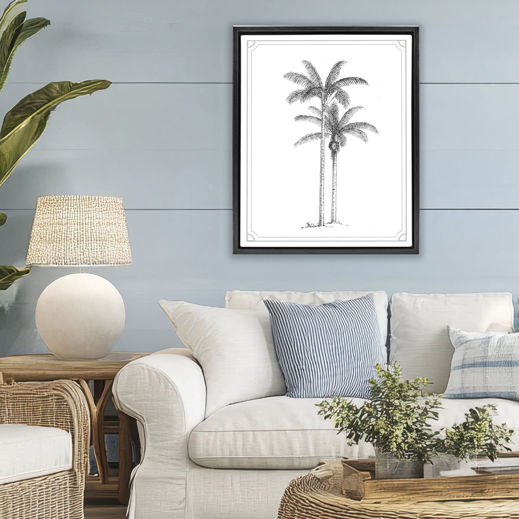 Vintage Simple Palm Tree Black Framed Floater Canvas Wall Art, design by Lettered and Lined