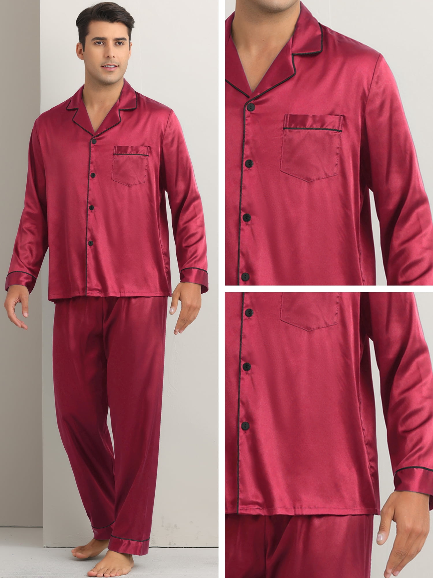 DARING DIVA Men's 2-Piece Homewear Button Down Long Sleeve Shirt L Burgundy