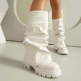 thumbnail image 2 of Slouchy Wide Mid Calf Fold Over Boots for Women 2025 Fashion Ruched Leather Platform Chunky Heel Tall Boots, 2 of 5